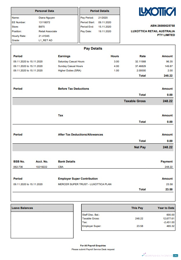 Download Luxottica Retail Paystub Photoshop template